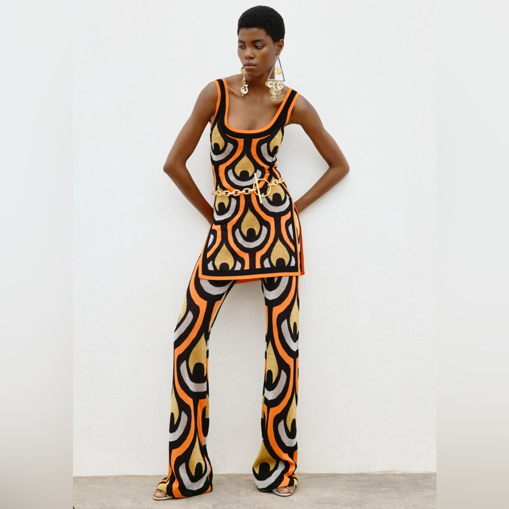 Paco Rabanne Orange and Black Geometric Mini dress with slit and pants  S NWT